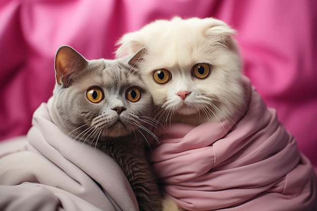 Pair of cats Scottish fold and british sitting close to each other on pink background