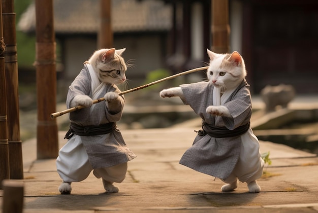 A pair of cats wearing martial armor is practicing martial arts kung fu by playing stick generative ai