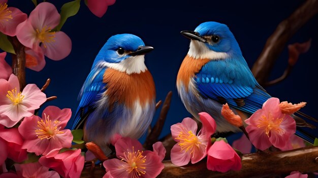 A pair of cheerful bluebirds amidst blooming flowers