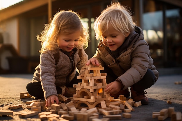 協力的な遊びに携わる子供のペア