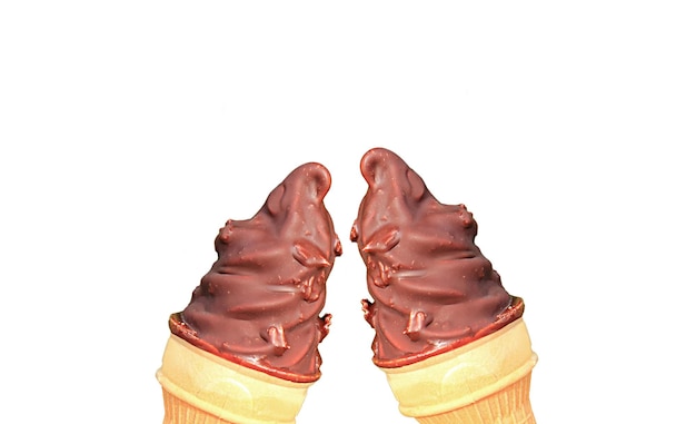 Pair of Chocolate Coated Soft Serve Ice Cream Cones Clinking on White Background