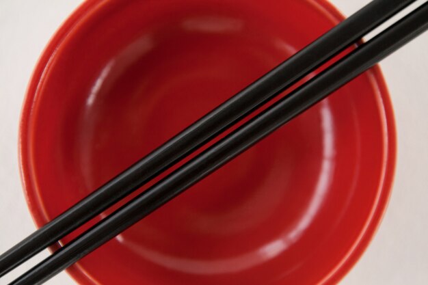 Pair of chopsticks over a bowl