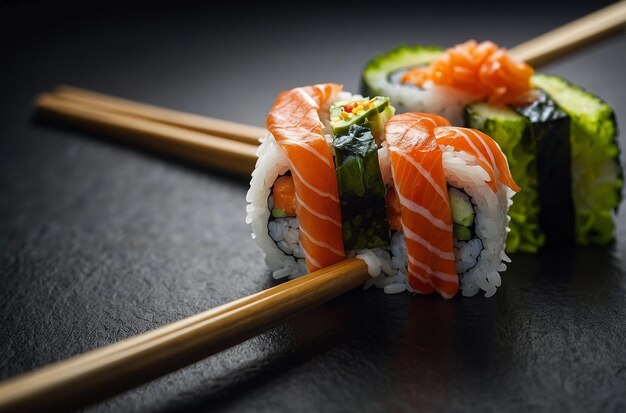 A pair of chopsticks picking up a sushi roll