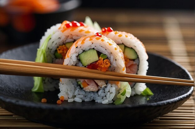 A pair of chopsticks picking up a sushi roll