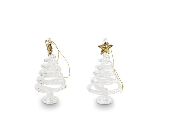 A pair of clear glass christmas tree ornaments with a star on the top.