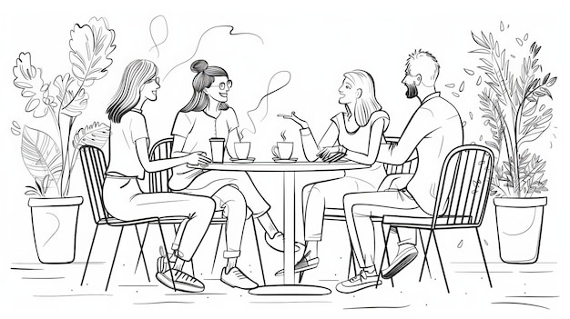 A pair of colleagues are enjoying coffee on the terrace while they draw hand drawn doodles in modern format