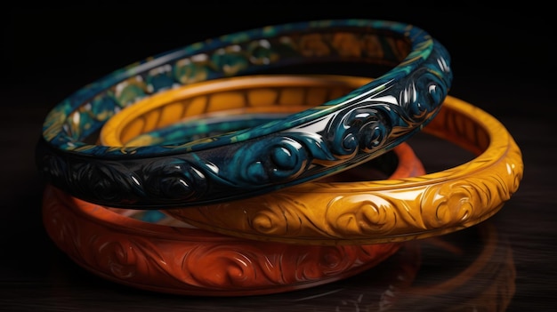 A pair of colorful bangles are stacked on top of each other.