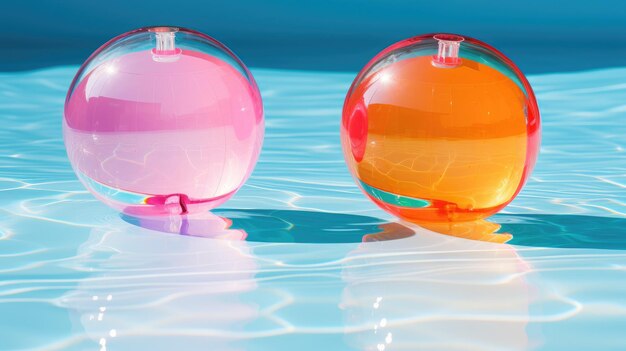 Photo a pair of colorful beach balls floating in a crystalclear swimming pool