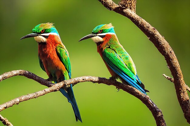 A pair of colorful birds with rainbow plumage sit on a tree
branch on a summer day 3d illustration