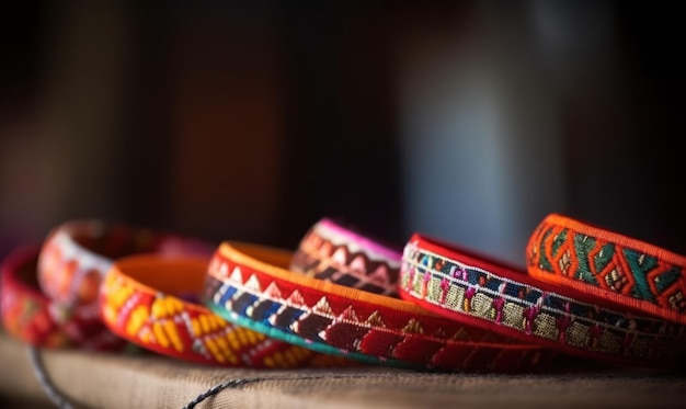 A pair of colorful bracelets are displayed in a shop.