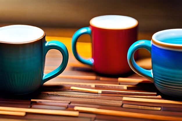 a pair of colorful coffee mugs on a wooden surface.