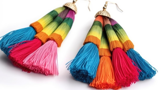 A pair of colorful earrings with a tassel that says'rainbow'on it