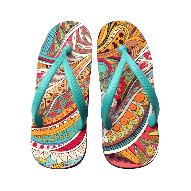 A pair of colorful flip flops with a white background