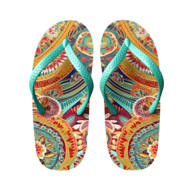 A pair of colorful flip flops with the word love on the bottom.