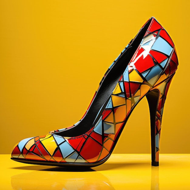 A pair of colorful high heels on a yellow surface pop art style