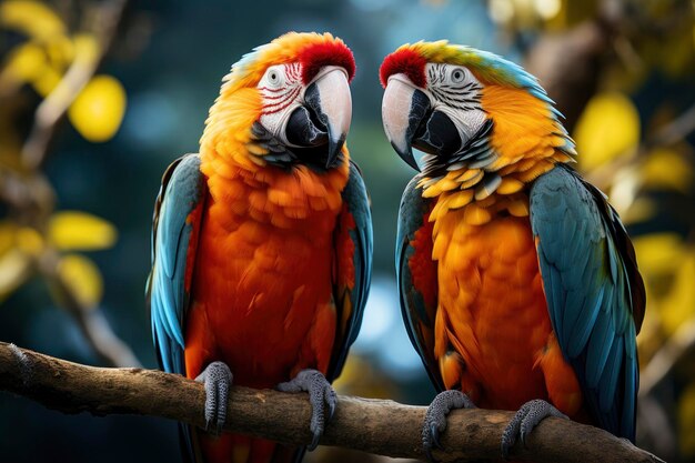 A pair of colorful macaws perched on a tree branch their vibrant plumage on full display