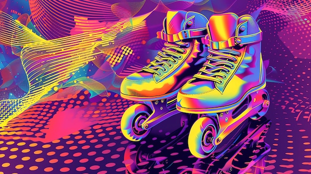 Photo a pair of colorful rollerskates with a shiny surface the background is a bright and colorful pattern