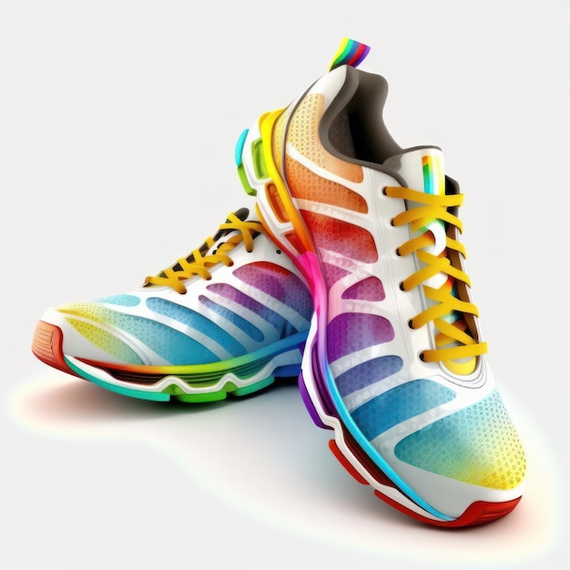 A pair of colorful sneakers with the word " on the bottom. "