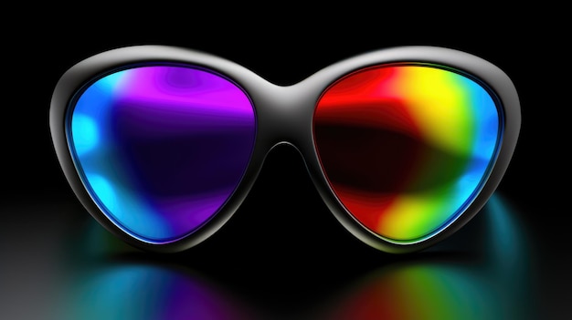 A pair of colorful sunglasses on a reflective surface