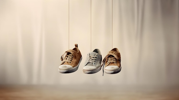 A pair of converse shoes hanging from a rope