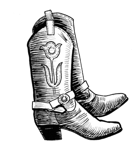 Pair of cowboy boots. Ink black and white drawing