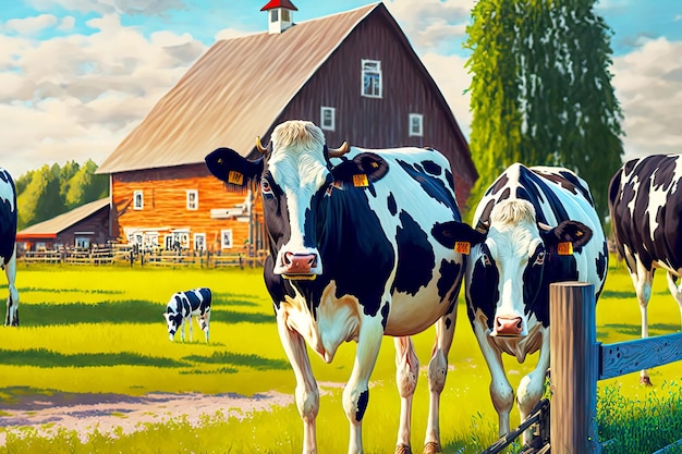 Пара коров летом на поляне перед фермой