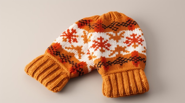 A pair of cozy knitted gloves with fallinspired patterns