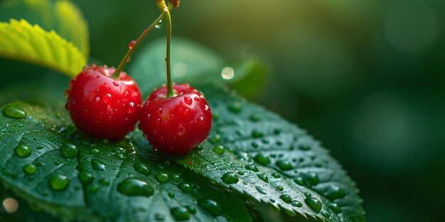 Photo pair of crimson cherries resting on verdant foliage