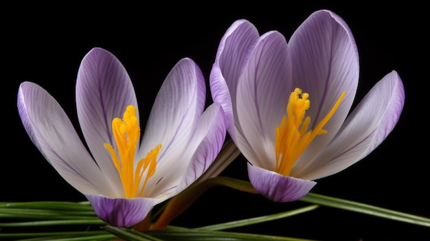 바닥에 crocus라는 단어가 있는 한 쌍의 crocus 꽃