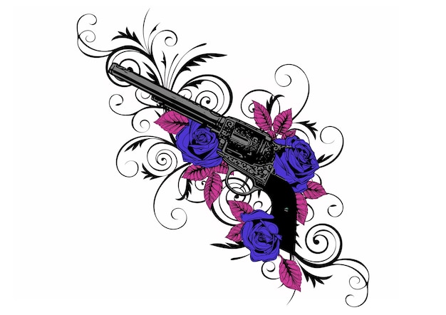 Photo pair of crossed guns and rose flowers drawn in tattoo style illustration