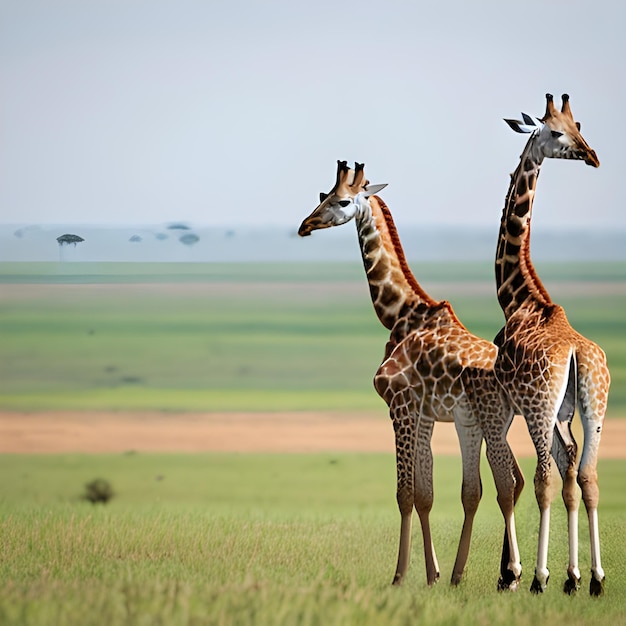 A pair of curious giraffes gracefully roaming the african plains