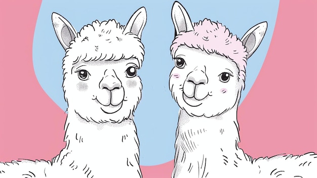 Foto una coppia di caricature di lama carini con occhi grandi e pelliccia soffice il lama a sinistra ha una pelliccia bianca e il lama a destra ha una peliccia rosa