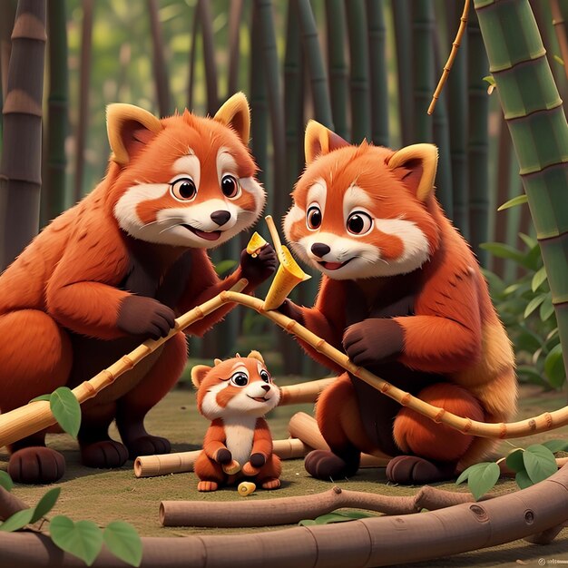 A pair of cute red pandas cat unicorns hedgehog sharing a bamboo snack fish playing with his mom