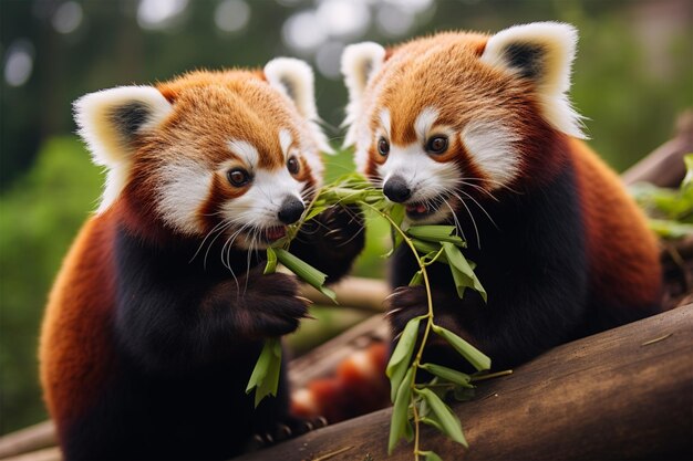 Foto una coppia di carini panda rossi che condividono uno spuntino di bambù