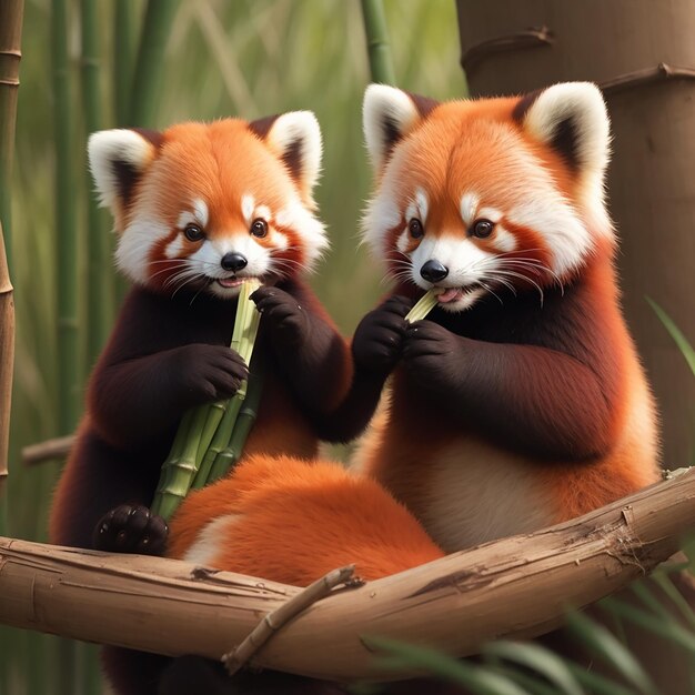 A pair of cute red pandas sharing a bamboo snack