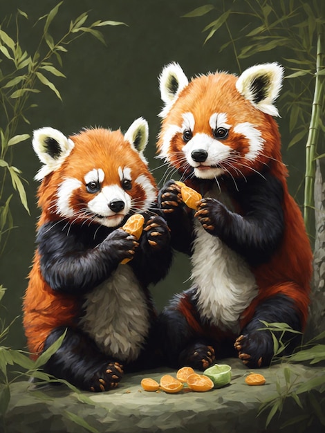 A pair of cute red pandas sharing a bamboo snack