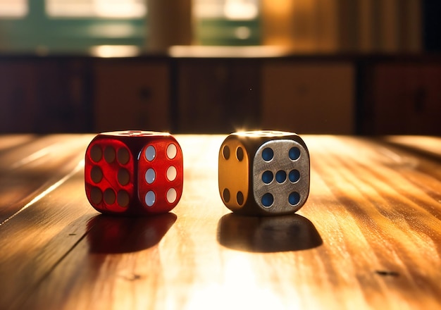 A pair of dice are next to each other on a wooden table