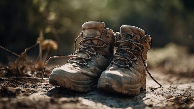 Photo a pair of dirty hiking boots on a rock