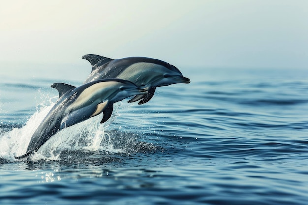 Pair Of Dolphins Leaping Gracefully In The Ocean