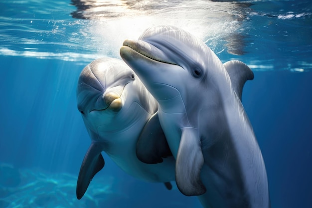 A pair of dolphins in love close up