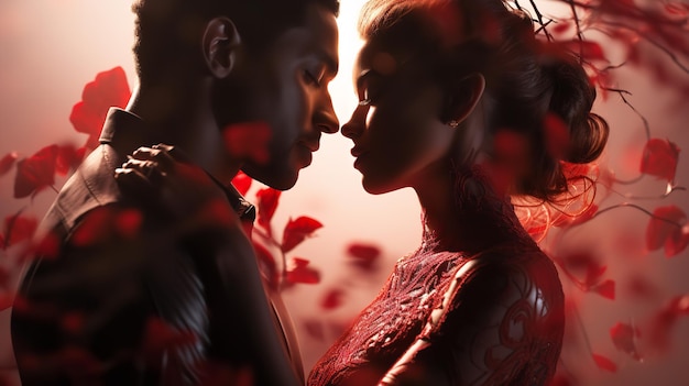 Пара в двойной экспозиции в силуэте красных роз. День святого Валентина, сердце любви. Генеративный искусственный интеллект.