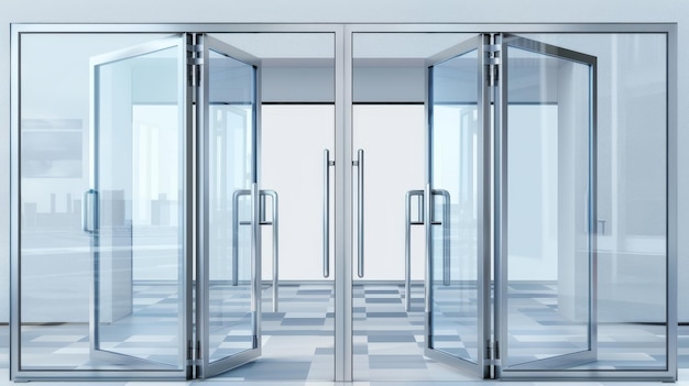 A pair of double glass doors with a metal frame and handles isolated on transparent background Glass gate entrance in store mall or office