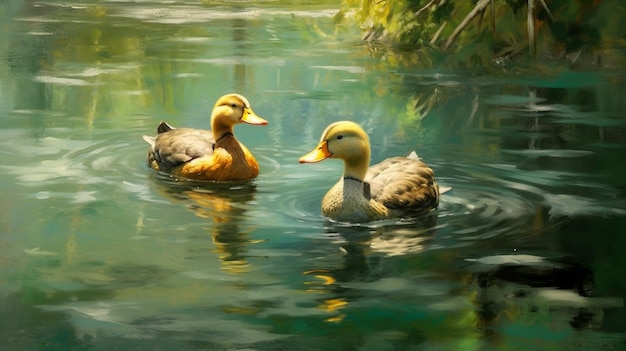 A pair of ducks swimming in a pond AI generated