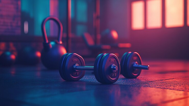 a pair of dumbbells sit on the floor in a gym