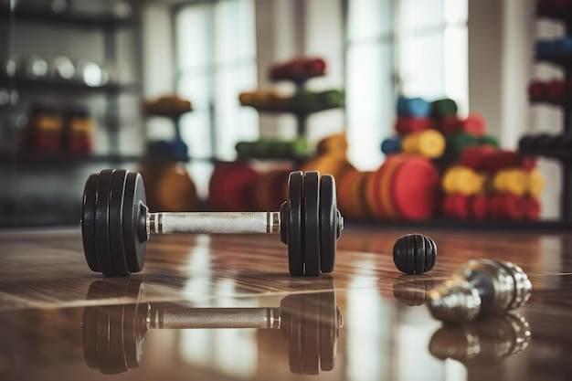 A pair of dumbs placed on a wooden floor creating a simple and minimalist composition Closeup of dumbbells and fitness equipment AI Generated