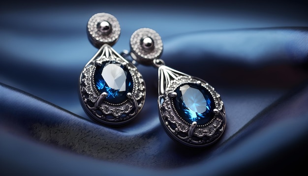 A pair of earrings with a diamond and sapphire on the side.