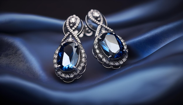 A pair of earrings with a diamond and sapphire