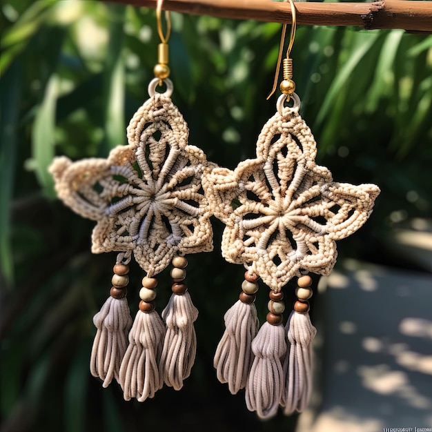 a pair of earrings with a flower design on the right.