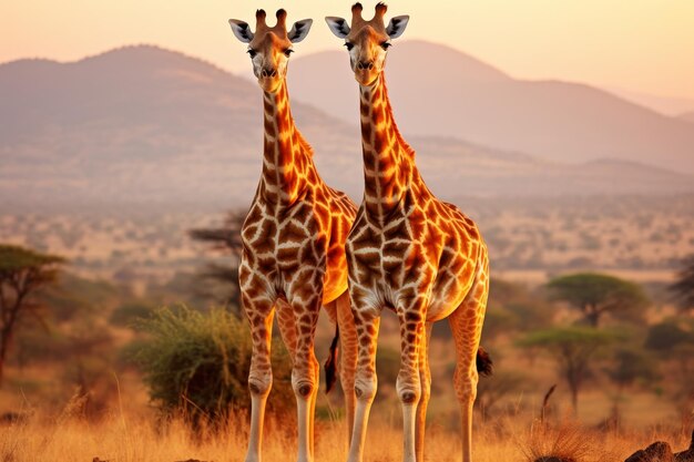 Pair of elegant giraffes standing gracefully in the beautiful african savannah landscape