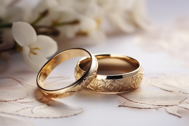Пара элегантных золотых обручальных колец, размещенных бок о бок на деревянном столе, создавая символ вечной любви и пожизненной приверженности.